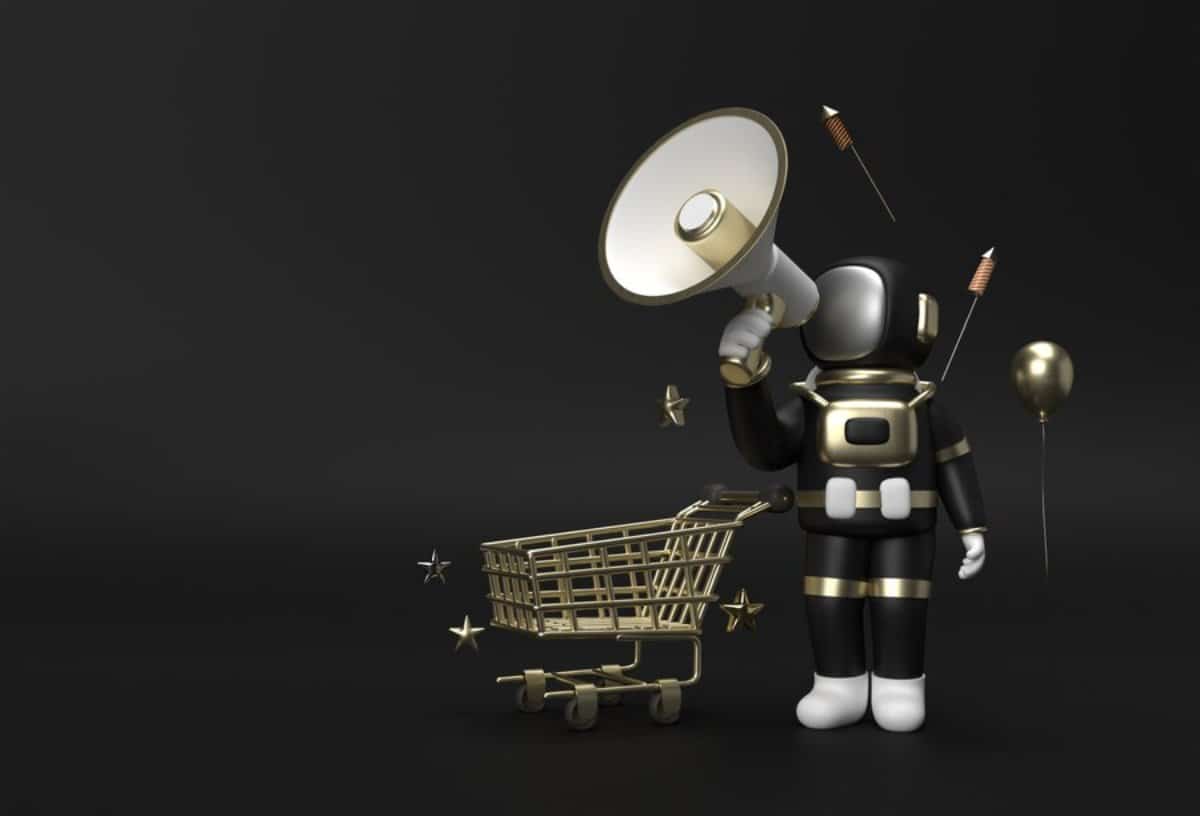 3D illustration of a stylized astronaut holding a megaphone, with a shopping cart and flying arrows on a dark background.