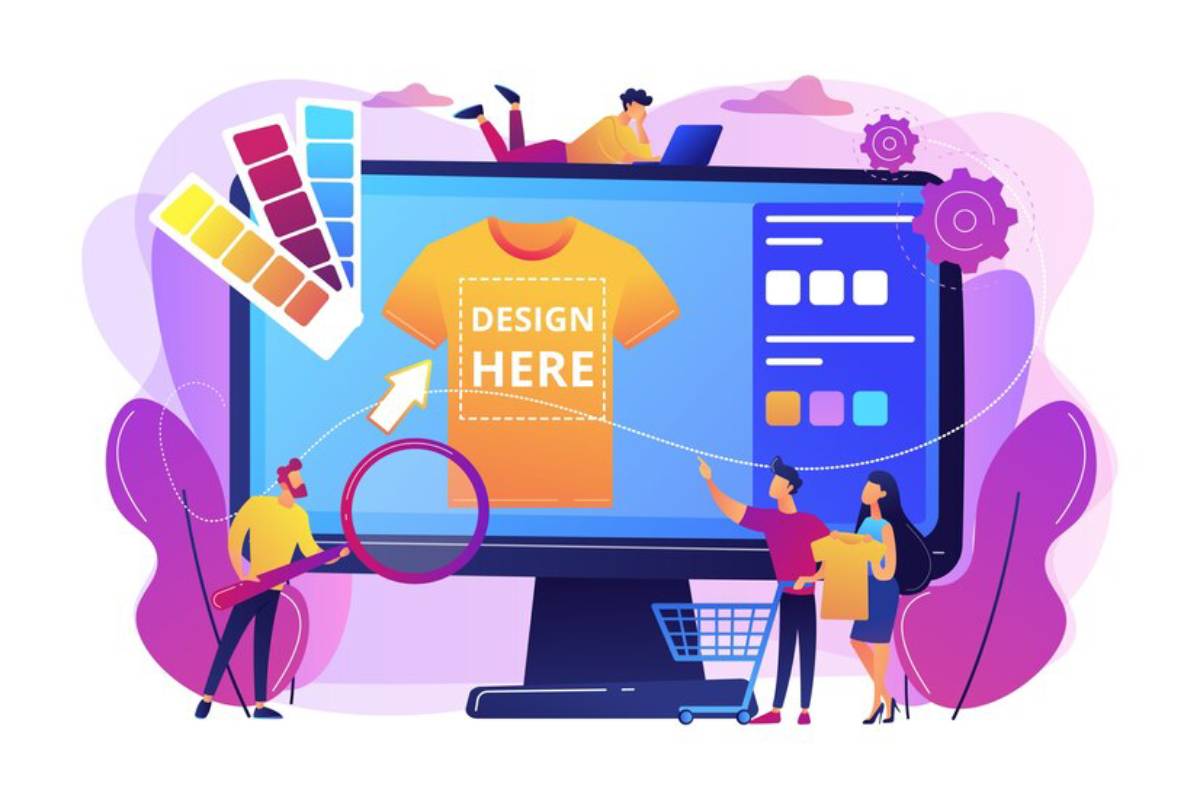 A vibrant illustration showing two designers creating a t-shirt mockup on a computer, with color palettes and tools surrounding them.